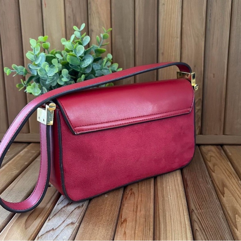 Mondani NYC Evening Red Shoulder Bag, Y2K Minimalist Suede